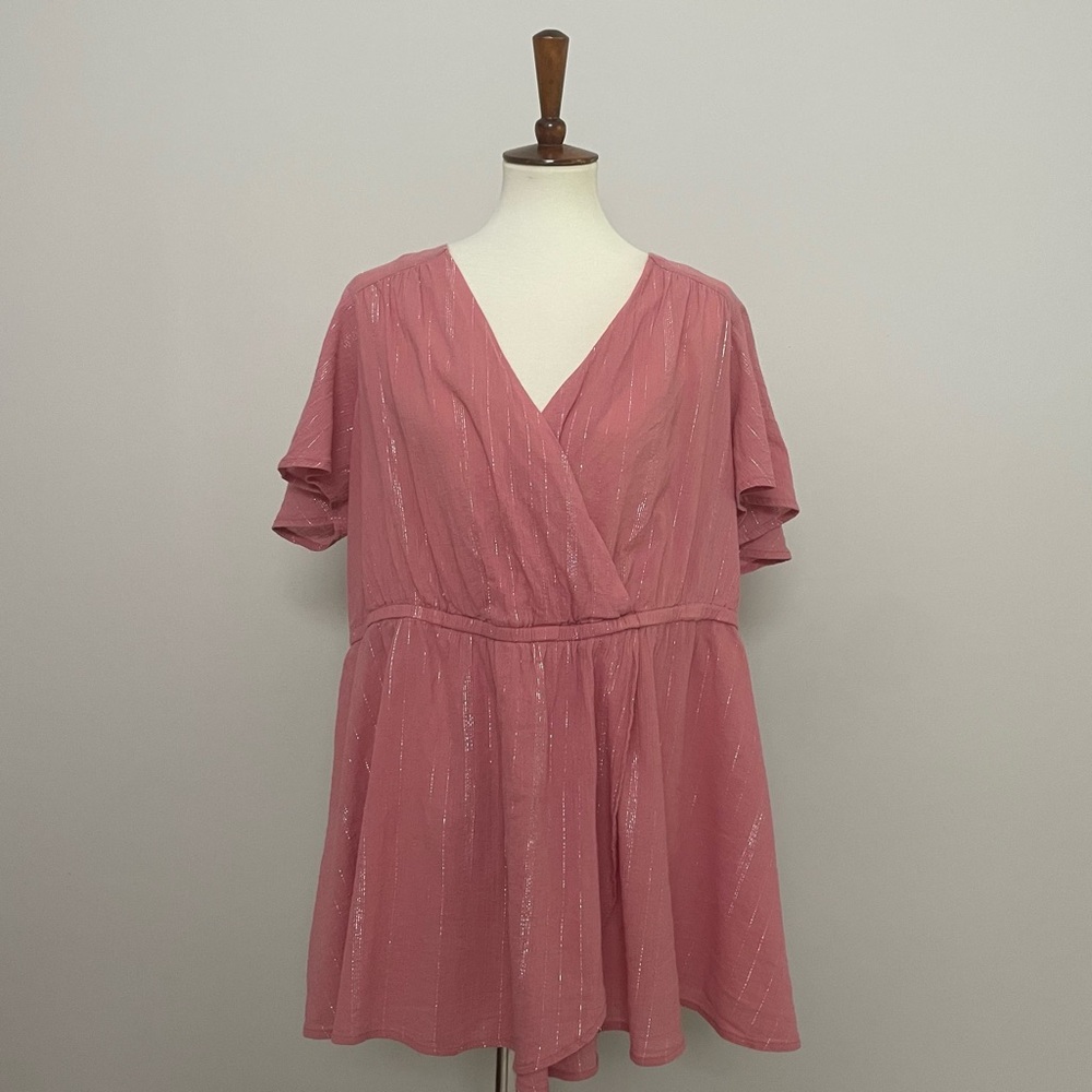 Lane Bryant Top Babydoll Peplum Flutter Sleeve Shimmery Metallic Pink Gold